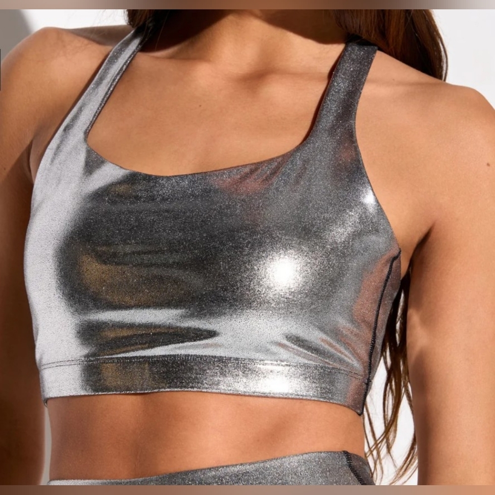 Spiritual Gangster Metallic Silver Scoop Neck Sports Bra